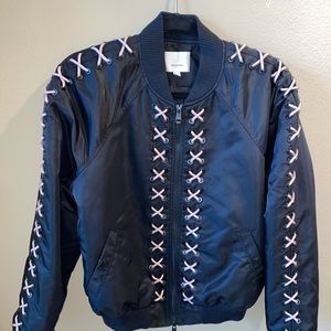 Cinq a Sept Black Bomber Jacket w/ Pink Stitching